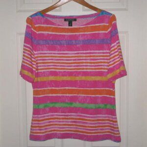 Lauren Ralph Lauren XL Colorful Stripes Short Sleeve Elbow Cotton Tee Excellent